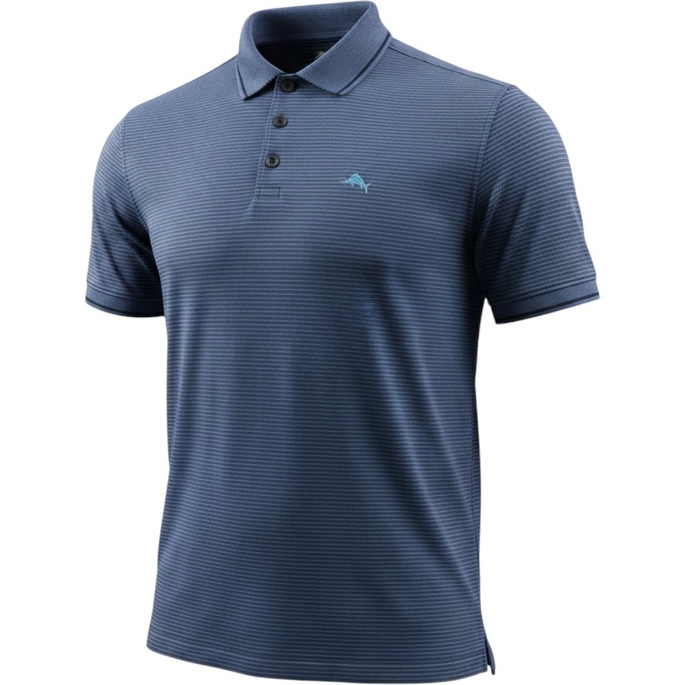 Tommy Bahama Mens Large Blue Striped Short Sleeve Polo Shirt Marlin Logo